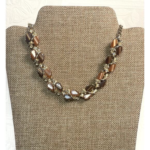 Thermoset Lucite Choker Necklace w AB Stones Tigers Eye Effect Mixed Root Beer - Picture 1 of 12